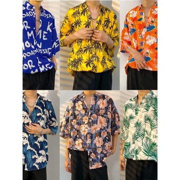港味ins復古著感短袖花襯衫男泰國夏威夷情侶沙灘襯衣痞帥外套潮