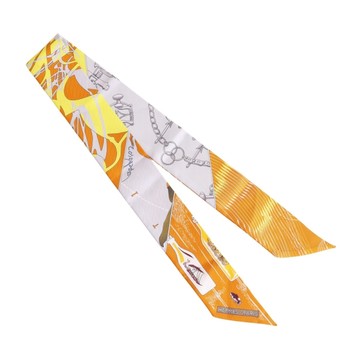 HERMES 愛馬仕 Caleche Mors Et Bouteilles Twilly 絲巾 橘/灰/黃色 絲綢 【二手名牌BRAND OFF】