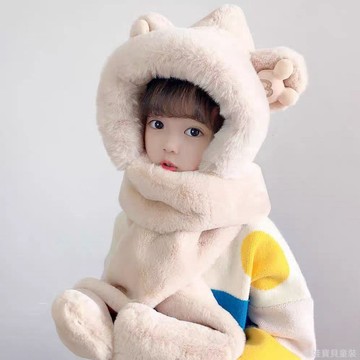 【俏皮可愛】兒童帽子圍巾手套三件套冬季加絨加厚女童一體帽男寶寶護耳防風帽