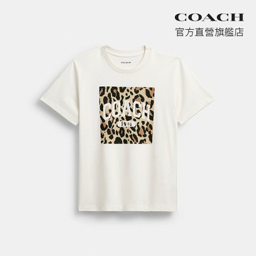 【COACH】經典SIGNATURE豹紋方形圖案棉質T恤-白色(CCA95)｜官方直營