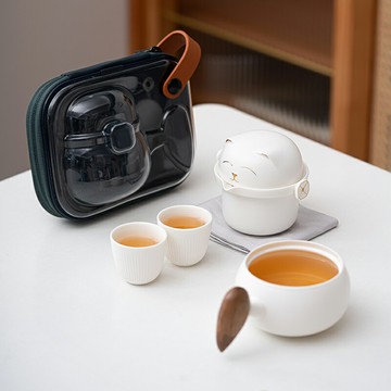 萌貓旅行快客杯套裝 陶瓷快客杯套装 隨身茶具組 旅行茶具組 功夫茶具 中式茶具 泡茶壺泡茶用品泡茶組 禮品 送禮