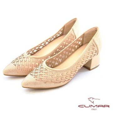 【CUMAR】奢華網鑽粗跟尖頭鞋726-133-杏金色