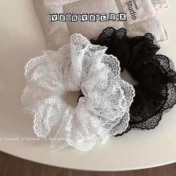 两件9.9折🔥臺灣出貨🔥可開發票✅法式黑白蕾絲刺繡花朵大腸髮圈丸子頭髮繩頭花高品質髮飾新款