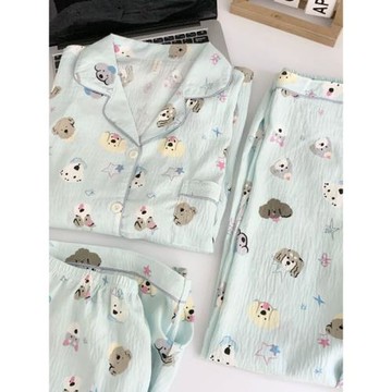 三件套純棉夏季睡衣女款云朵棉短袖長褲日系ins風卡通少女家居服