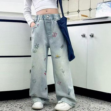 🔥臺灣-出貨🔥2025女童牛仔褲春秋新款女童兒童百搭洋氣女孩大童褲子闊腿牛仔褲