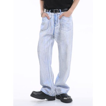 明星同款 Voguo Relay 小眾彩色燙金藍牛仔褲韓版潮寬松直筒褲