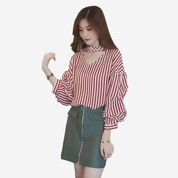 V領鏤空立領釦長袖抓褶條紋上衣(咖啡 黑) 11812054