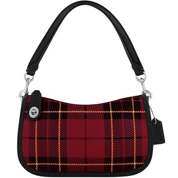 COACH 專櫃款紅色格紋浮雕皮革旋釦肩背包