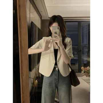 2026夏季薄款醋酸西裝外套女圓領短袖小香風外搭設計感休閑開衫