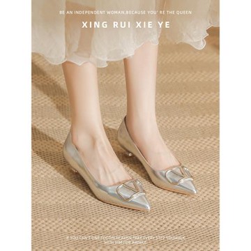 法式銀色小跟單鞋女2025新款氣質3公分芭蕾風淺口尖頭高跟鞋低跟