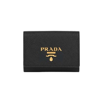 PRADA 浮雕Logo 防刮皮革雙釦迷你三折短夾(黑色/淡粉色) 1MH042 ZLP F0G28