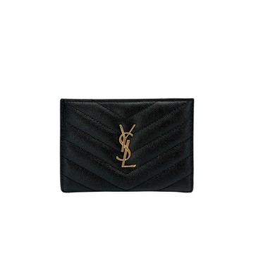 YSL 金logo粒面皮革二折扣式零錢袋短夾(668287-黑)