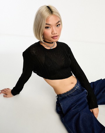 Stradivarius destroyed knit crop jumper in black