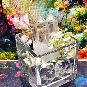水晶盆栽0119-1號 美國阿肯色州靈魂伴侶白水晶柱+檸檬玉髓、紅石榴、橄欖石 ~好運繁榮無限大風水缽