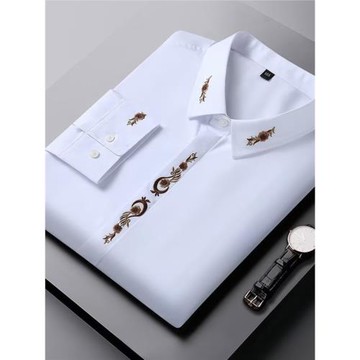 花襯衫男士春秋季長袖個性刺繡修身潮流休閑免燙潮牌男裝彈力襯衣