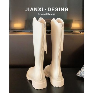 真皮長筒靴女秋冬2025年新款不過膝后拉鏈v口高筒騎士靴白色長靴