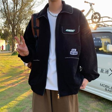 燈芯絨外套男春秋2024新款寬松休閑翻領夾克青少年大碼男裝上衣服