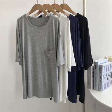 寬松莫代爾口袋短袖T恤女中長款疊穿純色垂墜感圓領上衣居家T恤女