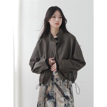 知意大碼環保蛋白PU皮小立領短款皮衣外套女2025秋季復古時髦夾克