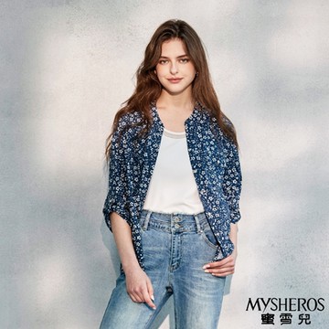 【MYSHEROS 蜜雪兒 】優雅小碎花圓領純棉造型襯衫-藍