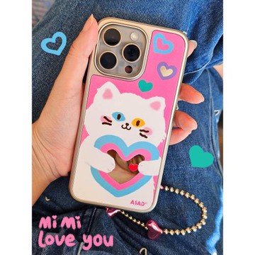 一個悲傷的店鋪 原創貓貓比心銀框鏡面手機殼適用于蘋果iphone15promax14韓風ins可愛少女辣妹全包保護套