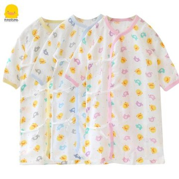 黃色小鴨嬰兒睡袍夏季竹棉紗布新生兒家居服長版上衣和尚服0-3月