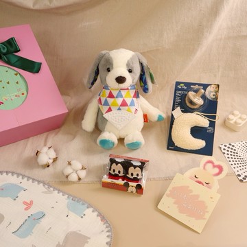 🎁客製刺繡【Qbibiya新生兒禮物】祝福系列-初光之森-安撫娃娃+紗布萬用巾+啃咬圍兜+奶嘴娃娃+寶寶止滑襪(蛇年彌月禮盒滿月禮盒)