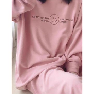 大碼300斤加厚圓領簡約笑臉長袖睡衣女秋冬新款寬松家居服套裝潮