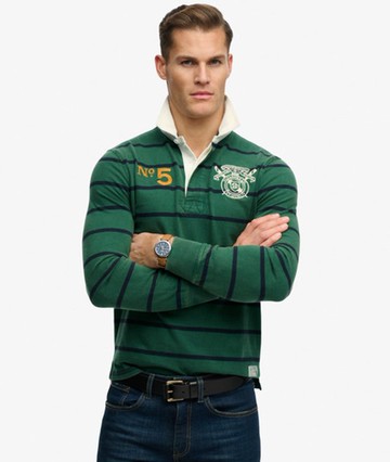 Superdry Men's Double Emblem Stripe Rugby Top Green Size: XL