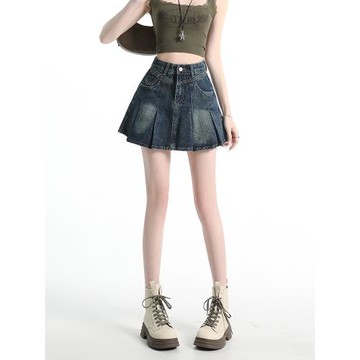 復古藍水洗百褶半身裙女2026新款辣妹防走光a字高腰顯瘦牛仔短裙