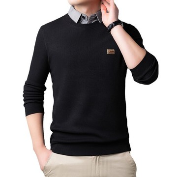 男士商務休閒假兩件大學T 內搭刷毛保暖襯衫領打底衫 保暖刷毛假兩件大學T