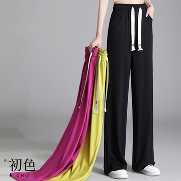 初色  冰絲高腰直筒抽繩綁帶運動長褲闊腿褲-共3色-69981(M-2XL可選)