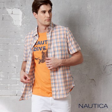 Nautica 男裝 亮彩格紋夏季短袖襯衫-橘藍色
