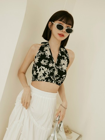度假印花深V領露背後綁帶背心上衣