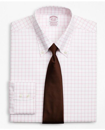 Brooks Brothers Men's Stretch Madison Relaxed-Fit Dress Shirt, Non-Iron Twill Button-Down Collar Grid Check | Pink | Size 14½ 34