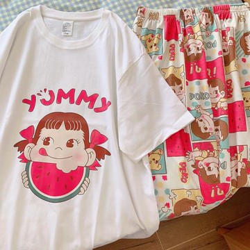 漫畫不二家睡衣女夏季純棉圓領短袖長褲可愛卡通寬松家居服套裝