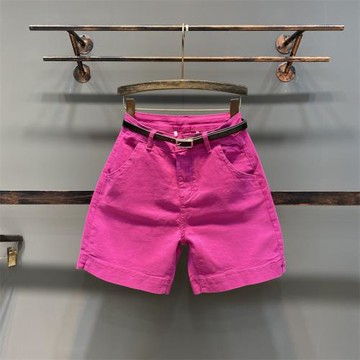 洋氣玫紅色闊腿直筒牛仔短褲女薄款夏裝百搭微開叉五分休閑褲中褲