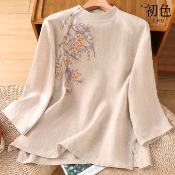 初色 棉麻復古風中式立領斜襟繡花刺繡七分袖上衣女上衣-燕麥色-15129(M-2XL可選)