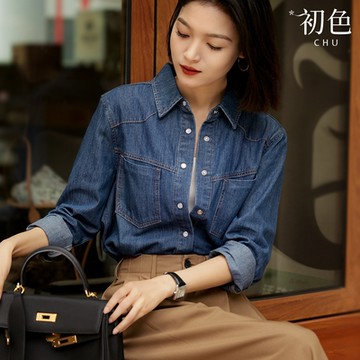 初色  復古水洗牛仔翻領襯衫上衣外套-牛仔藍-66371(M-2XL可選)