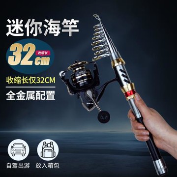 金屬迷你小海竿超硬伸縮超短節鋼筆魚竿紡車輪小海桿小拋竿全套裝