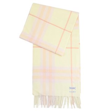 BURBERRY 格紋喀什米爾羊毛雙面長圍巾/披肩(淺黃)