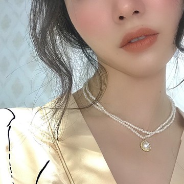 日韓新款優雅精致雙層珍珠項鏈橢圓吊墜宴會禮服短款頸鏈鎖骨鏈女