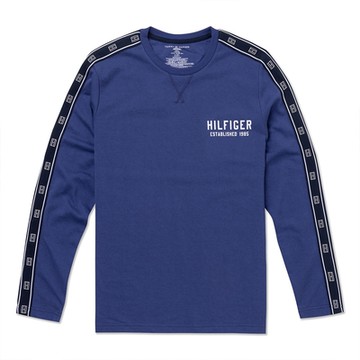 TOMMY 熱銷印刷手臂滾邊文字長袖T恤-皇家藍色