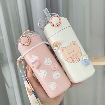 水杯保溫杯女高顏值可愛帶吸管式2021網紅款學生女孩便攜兒童杯子