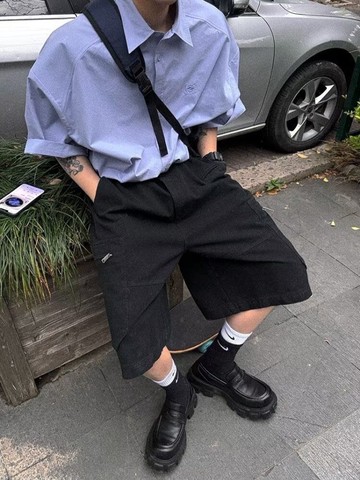 經典學院風 小刺繡 LOGO 藍色 襯衫 短袖襯衫 CITYBOY 少年感 CLEAN FIT Y2104