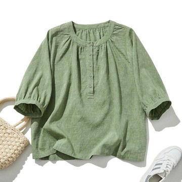 大人可愛風 棉麻七分袖氣質襯衫  寬鬆輪廓 灰綠調 240703-1