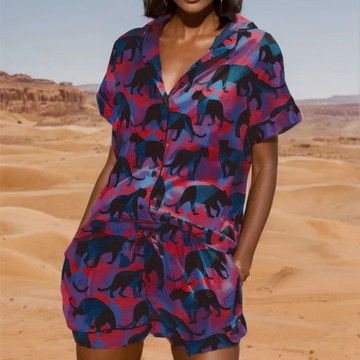 美國 Averie Sleep 好柔軟親膚睡衣 短袖款 迷幻黑豹 - L