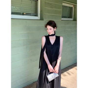 tooto法式高級感V領背心連衣裙女夏新款氣質長裙子寬松顯瘦a字裙