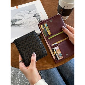 2024新款錢包女士短款真皮薄款手工編織羊皮大容量多卡位錢夾豎款