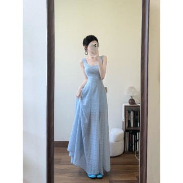 (免運)夏季藍色法式吊帶連衣裙女2025新款氣質收腰顯瘦a字海邊度假裙子